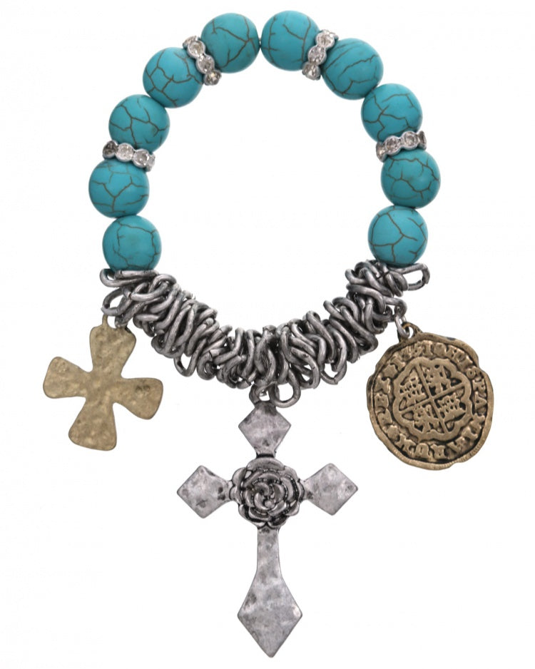 Turquoise & Silver Cross Charm Bracelet