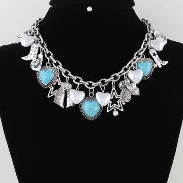 Multi Antique Heart Charms Necklace